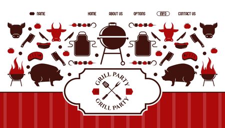 Grill icons for website design, vector illustration. Barbecue party invitation, bbq cookout event announcement. Landing page template with barbeque symbols, kebab skewer, apronのイラスト素材