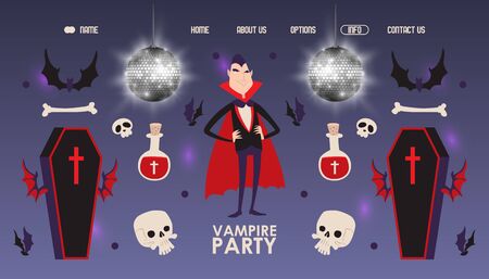 Vampire party invitation, halloween costumes website design, vector illustration. Landing page template, vampire Dracula cartoon character, halloween party symbolsのイラスト素材