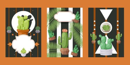 Cactus banners, vector illustration. Houseplant shop advertisement campaign, flower store promotion booklet cover. Succulent plants in flowerpots, decorative cactiのイラスト素材