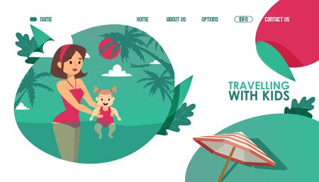 Traveling with kids campaign website, vector illustration. Landing page template, travel agency offer for family with children. Young mother and baby daughterのイラスト素材