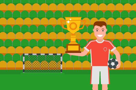 Football champion with golden trophy, vector illustration. Happy soccer player on stadium, prize winner man. Cartoon character in flat style, smiling guy in football team uniform. Soccer championshipのイラスト素材