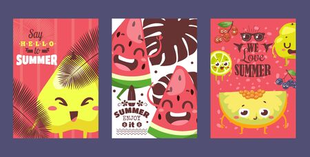Summer fruits on typographic banners, vector illustration. Funny cartoon characters with smiling faces. Summer sale campaign advertisement, fruity flavor dessert collection. Watermelon, melon and pearのイラスト素材