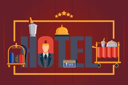 Hotel typography poster, vector illustration. Booklet cover template with flat style icons and symbols of luxury hotel service. Comfortable accommodation, professional customer service in best hotelのイラスト素材
