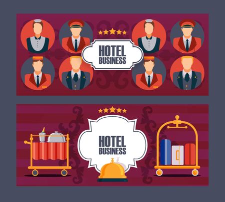 Hotel service banner, vector illustration. Comfortable accommodation, professional customer service. Flat style icons, symbols of luxury hotel. Brochure cover, newsletter header, advertisement flyerのイラスト素材