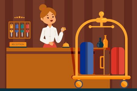 Hotel reception desk, vector illustration. Professional woman receptionist in hotel lobby, flat style cartoon character. Friendly administrator in uniform holding room key. Luxury customer serviceのイラスト素材