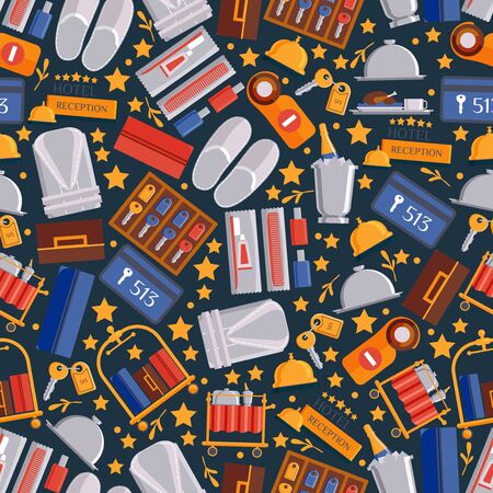Hotel service icons in seamless pattern, vector illustration. Flat style isolated emblems, wrapping paper print. Collection of luxury hotel accommodation items, symbols of comfort and hospitalityのイラスト素材