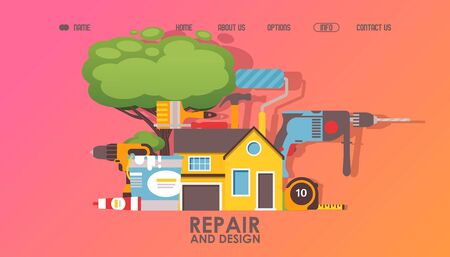 House repair service website design, vector illustration. Landing page template, building renovation company, home maintenance tools. Professional equipment for house repair, hardware store instrumentのイラスト素材