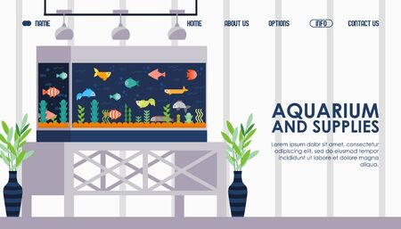 Aquarium for home and office, vector illustration. Landing page template in flat style. Fish tank and aquarium supply store, online shop. Professional interior design with decorative underwater fishのイラスト素材