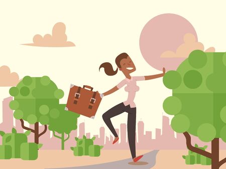 Happy woman walking in city park, vector illustration. Successful young businesswoman with bag, cartoon character. Cheerful office employee enjoying summer vacation. Girl celebrating career successのイラスト素材