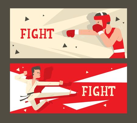 Martial arts fight club banner, vector illustration. Boxing and karate school, professional combat sport. Fighting man cartoon character, martial arts practice. Invitation to combat club competitionのイラスト素材