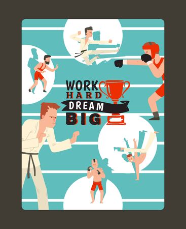 Motivational sport poster, vector illustration. Inspirational typographic quote work hard dream big. Martial arts, sport fight, karate school, boxing club. Fighter cartoon character, sport competitionのイラスト素材