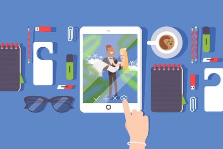Upload wedding photos from tablet, vector illustration. Isolated flat style items on tabletop. Online picture service interface concept. Happy bride and groom cartoon character on tablet gadget screenのイラスト素材