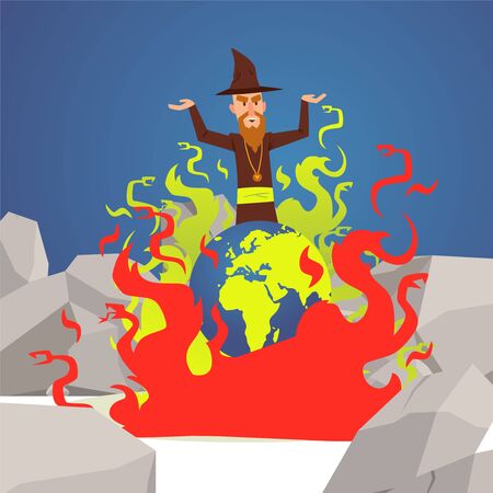 Evil wizard cast spell on Earth, planet burns in flames, vector illustration. Old sorcerer in hat, powerful witchcraft, evil magic spell. Sinister wizard put Earth on fire, doomed planet in flamesのイラスト素材