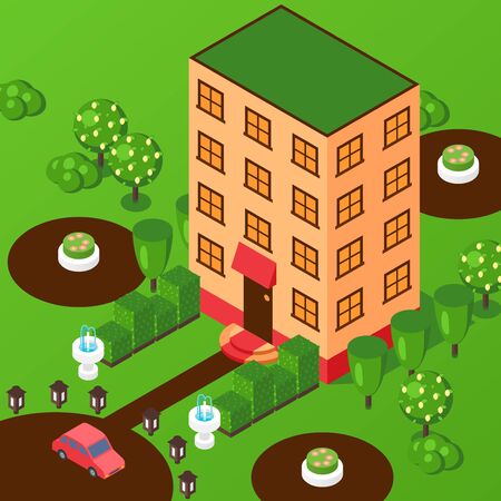Isometric house multi storey building, vector illustration. Perspective view from above, facade of hotel or office, residential building. House with park, real estate project presentation, game styleのイラスト素材