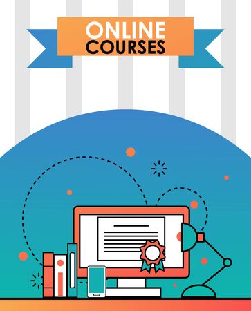 Online education course, vector illustration. Flat style banner, webinar advertisement, distance education program promotion. Learning courses on internet, studying online. University website campaignのイラスト素材