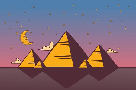 Egyptian pyramids, vector illustration. Night landscape with moon and star, silhouette of great pyramid of Giza in simple cartoon style. Sightseeing tour to Egypt, architecture of ancient civilizationのイラスト素材