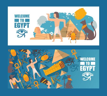 Ancient Egypt travel banner, vector illustration. Explore Egyptian culture, sightseeing tour promotion, museum ticket. Welcome to Egypt, landmark excursion invitation template with place for textのイラスト素材