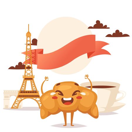 Croissant and coffee traditional French breakfast vector illustration. Cafe in Paris, menu cover template. French croissant funny cartoon character mascot. Eiffel tower landmark, travel to Europeのイラスト素材