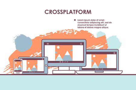 Cross platform website interface, vector illustration. Modern web design presentation, software development program. Internet page on different devices, desktop computer, laptop, tablet and smartphoneのイラスト素材