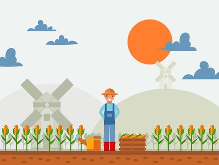 Farmer in cornfield, vector illustration. Simple flat style landscape with man cartoon character working in corn field. Farmland countryside scene, rural landscape, windmills on hills, summer harvestのイラスト素材