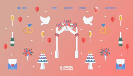 Wedding planning website design, vector illustration. Event organisation agency, landing page template. Wedding catering service company. Flat style romantic icons and symbols, doves, cake and flowersのイラスト素材