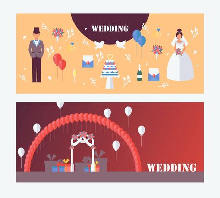 Wedding invitation banners, vector illustration. Flat style icons and symbols, figures of groom and bride, wedding arch, balloons, cake and gift boxes. Newlywed man and woman, ceremony invitationのイラスト素材