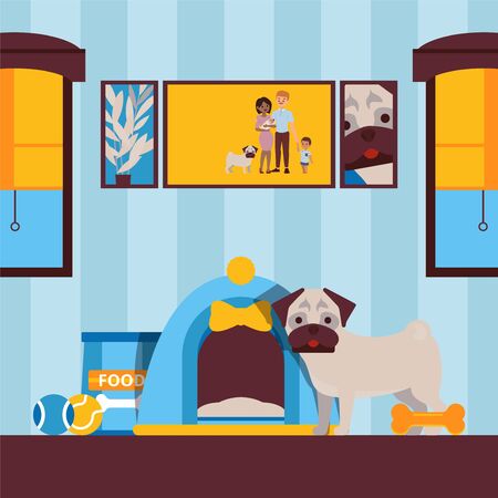 Cute dog in house, animal pet in apartment vector illustration. Flat style room interior design, indoor doghouse and pet accessories. Picture of happy family, dog owners. Cute puppy cartoon characterのイラスト素材