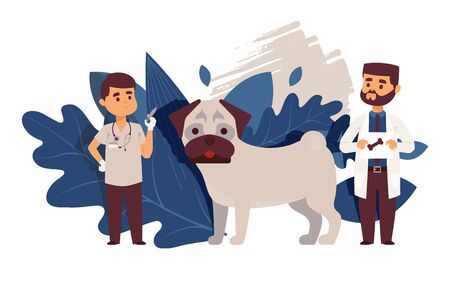 Veterinary clinic for dogs, doctor in uniform cartoon character vector illustration. Pet healthcare center, professional vet, animal vaccination. Cute large puppy, smiling veterinarian with syringeのイラスト素材