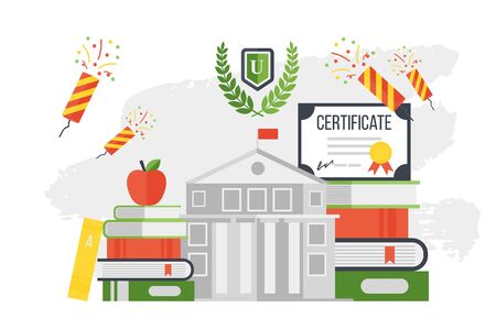 College graduation certificate, high school education vector illustration. Flat style university icon, books and school building facade. Simple design for graduation celebration party at universityのイラスト素材