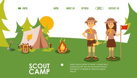 Scout camp website, vector illustration. Landing page template for summer camping, outdoor scene with tent, campfire and scout leaders. Friendly man and woman cartoon character. Fun activity in natureのイラスト素材