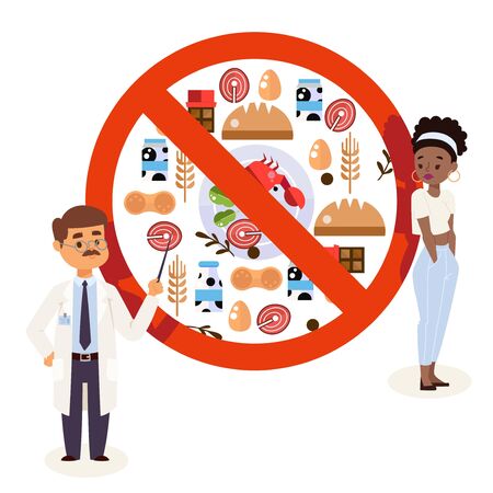 Flat style icons of food allergy triggers, doctor and patient cartoon characters, vector illustration. Doctor explaining allergens food restrictions to patient, upset woman allergic to productsのイラスト素材