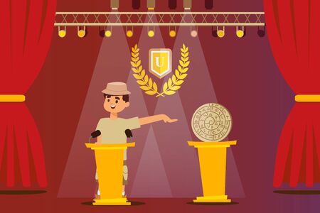 Archeologist presenting his discovery historic artifact of ancient civilization, vector illustration. Man cartoon character on stage, scientific conference presentation speaker, archeological artifactのイラスト素材
