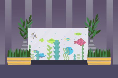 Aquarium in room interior, fish swimming in water, simple flat style vector illustration. Aquarium fish and seaweed, houseplants in house interior. Decoration for home and office, aquatic pet shopのイラスト素材