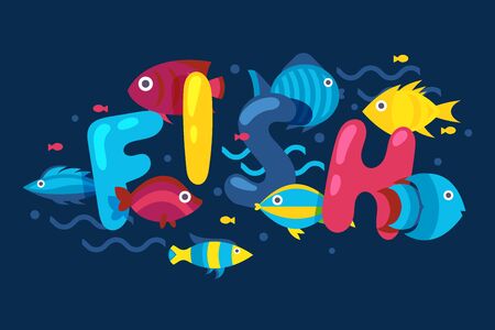 Fish typography poster, booklet cover for aquarium store, underwater zoo invitation, vector illustration. Oceanarium banner in cartoon style, funny underwater fish, ocean world zoo advertising posterのイラスト素材