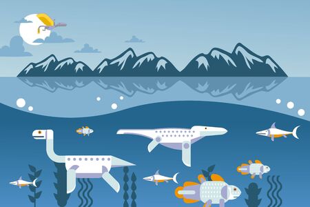 Dinosaur prehistoric animal swimming under water, simple geometric cartoon style, vector illustration. Dino world creatures, prehistoric monsters, underwater dinosaurs in ocean. Jurassic period natureのイラスト素材