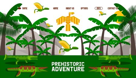 Dinosaur prehistoric adventure, website in simple geometric cartoon style, vector illustration. Dino world creatures, prehistoric monsters, childish dinosaurs in exotic nature. Landing page designのイラスト素材