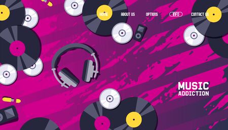 Music website design, vinyl record discs and headphones on abstract background, vector illustration....