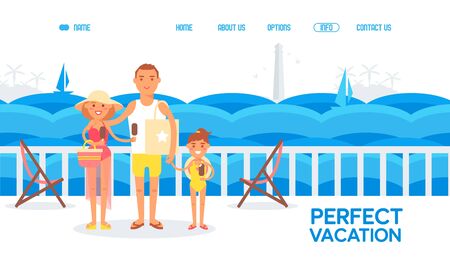Happy family together on summer vacation cruise trip, people cartoon characters on ship deck, vector illustration. Website design in flat style, summertime cruise, perfect family vacation adventureのイラスト素材