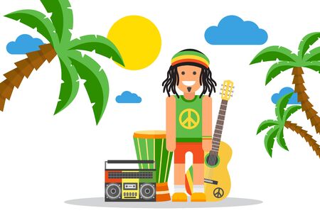Rastafarian cartoon character on Jamaica, rastaman hippie van and musical instruments, vector illustration. Simple flat style scene, summer leisure on tropical island, Jamaican culture and reggae musicのイラスト素材