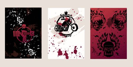 Grunge poster design vector illustration with motorcycle and skull in flames, set of vintage banner templates for print, tattoo salon, rock concert, event. Backgrounds in black.red and white colours.のイラスト素材