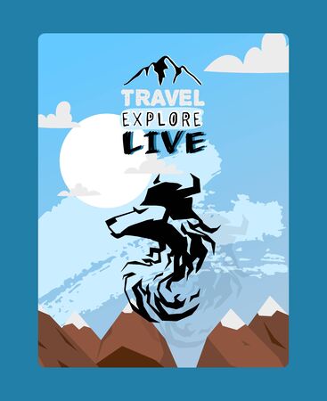 Travel, explore, live motivational quote vector illustration with black wolf silhouette in helmet as a motorcycle biker in the mountains and full moon. Road trip, vacation and adventure concept.のイラスト素材