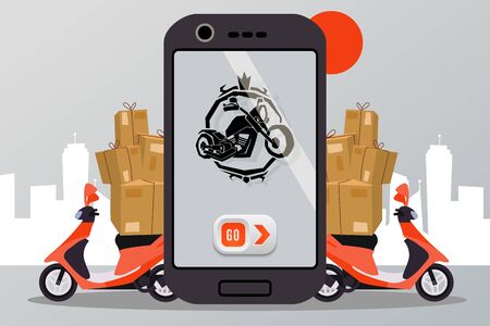 Bike delivery service vector illustration for shipping application with smartphone screen and red motorbike full of boxes for transportation. Order through mobile app your package. Cartoon style.のイラスト素材