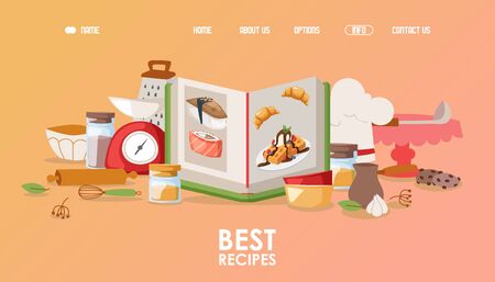 Cookbook vector illustration for landing page template or website with culinary recipes. Kitchen utensils elements, like rolling pin, whisk, scales, grater and ladle. Sushi, croissant, waffles icons.のイラスト素材