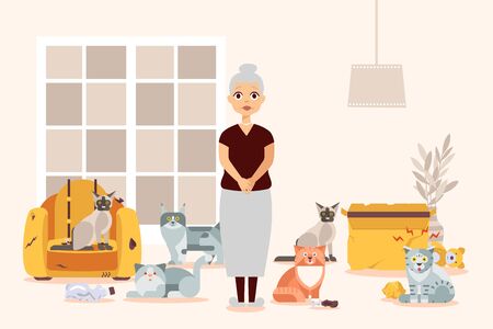 Old woman with cats vector illustration, elderly female cartoon character with crazy kittens as pet animals at home. Torn armchair and ripped by kitty box. Food, teddy bear and bottle on the floor.のイラスト素材