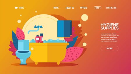Banner for web hygiene supplise. Bathroom, toilet, towel, shower gel vector illustration. Contact, about us, home, option , more button. Web site design template, hygiene business company.のイラスト素材