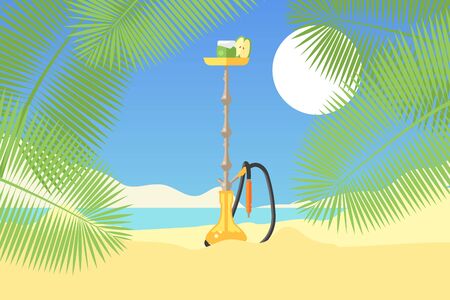 Hookah on tropical sandy beach, green palm tree, sun. Concept and flat vector illustration. Kalyan...