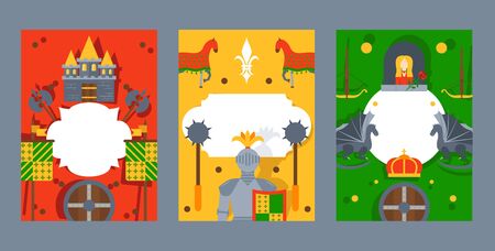 Chivalric business banner, knight poster style for website, flat vector illustration. Place for company, firm name text. Heraldic badge, knight armament, chivalric weapon and castle.のイラスト素材