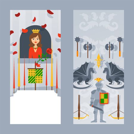 The knight in full armor and lovely princess in castle, royal tournament flat vector illustration. Chivalric competition, queen and cavalier banner, poster and simple design for website.のイラスト素材