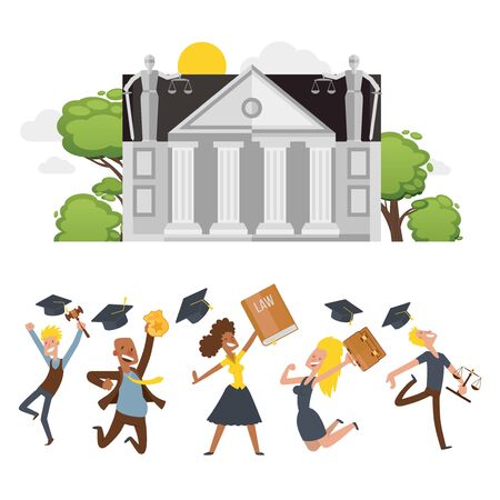 Lawyer student celebrate completion studies, character male and female flat vector illustration isolated on white. Legalist, magistrate, public prosecutor jump, commemorate finish study.のイラスト素材