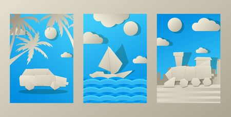 Cutting paper banner, poster and gift card flat vector illustration. Car, boat, train origami. Design silhouette transport for travel, paper vehicle. Tropical place for vacation.のイラスト素材